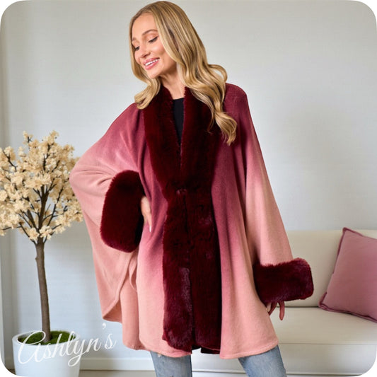 Classy Plush Faux Fur Trim Ombre Burgundy Wine Cape-Coat-Poncho-Wrap