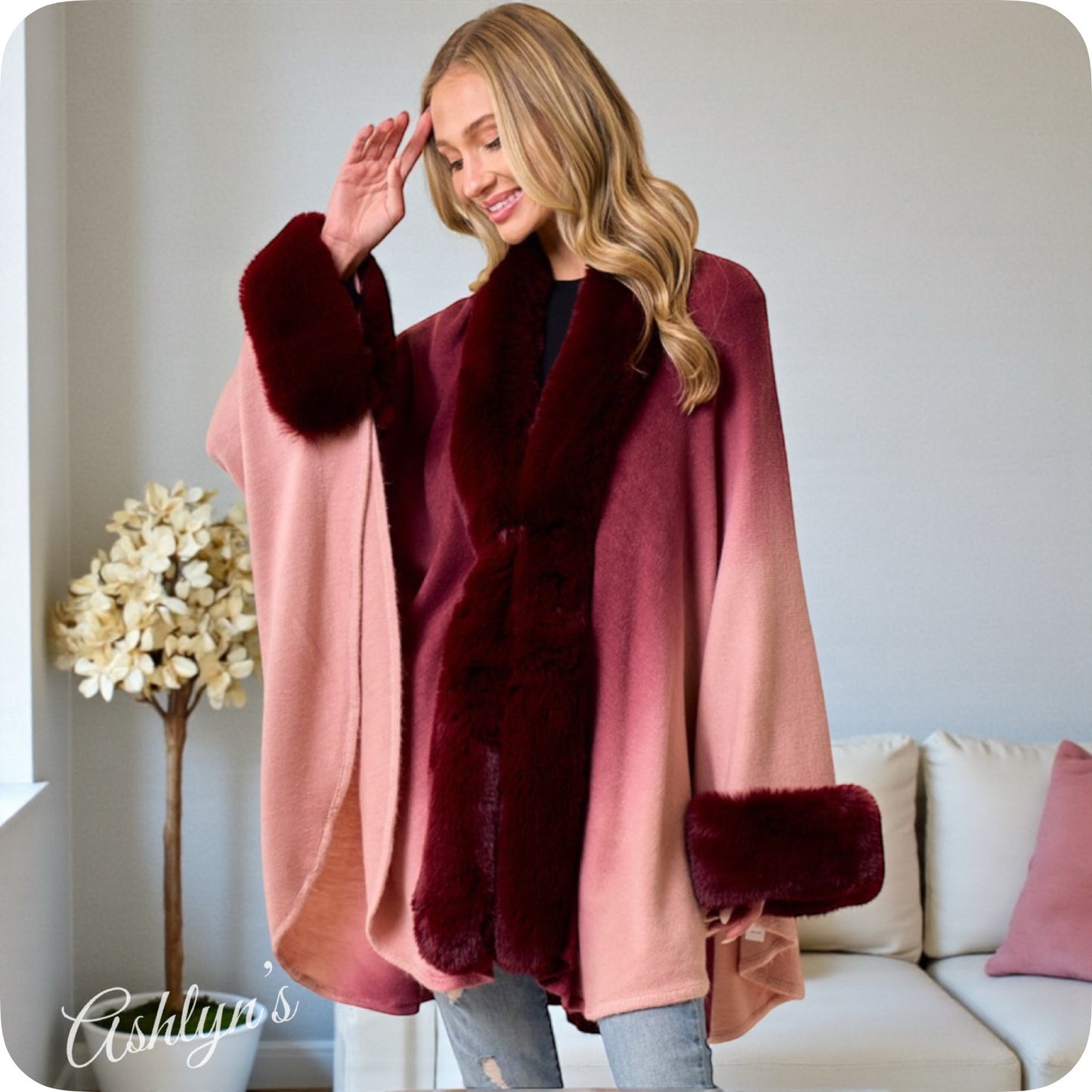 Classy Plush Faux Fur Trim Ombre Burgundy Wine Cape-Coat-Poncho-Wrap