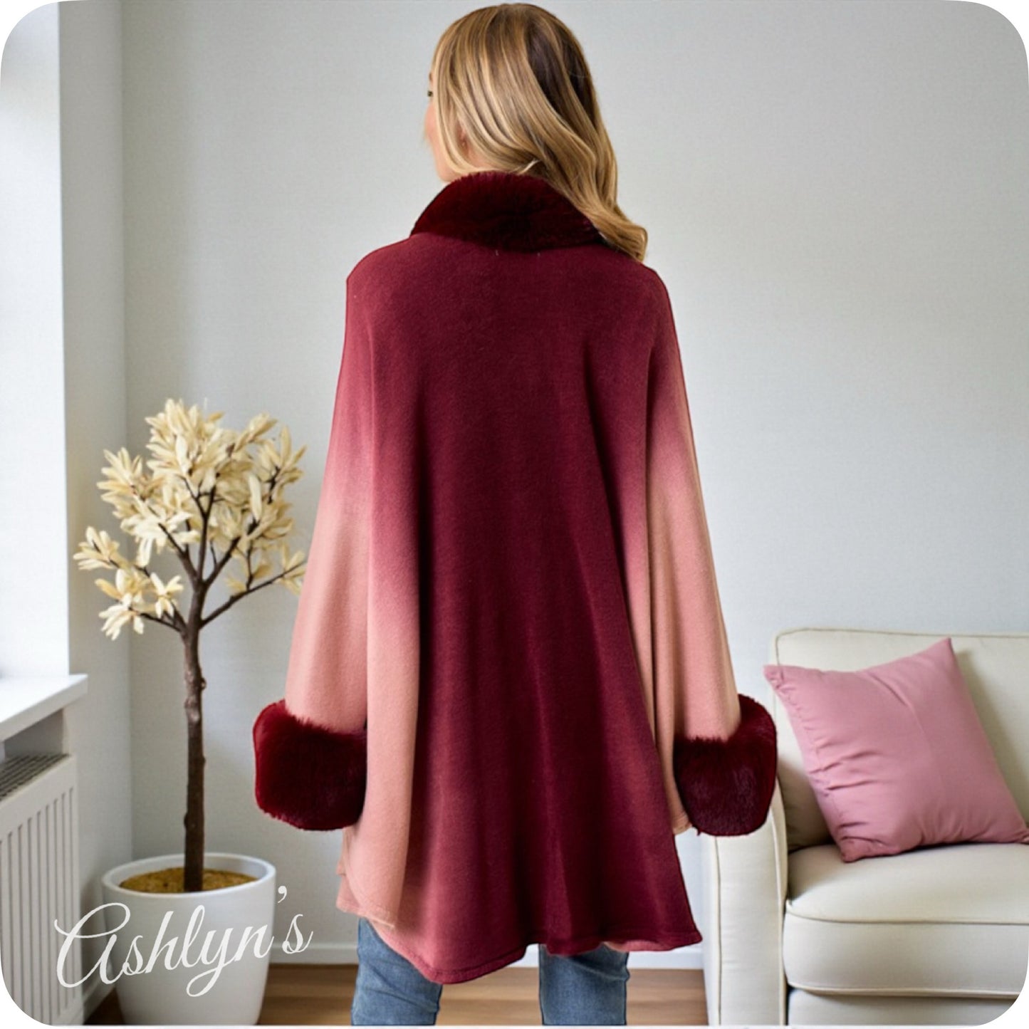 Classy Plush Faux Fur Trim Ombre Burgundy Wine Cape-Coat-Poncho-Wrap