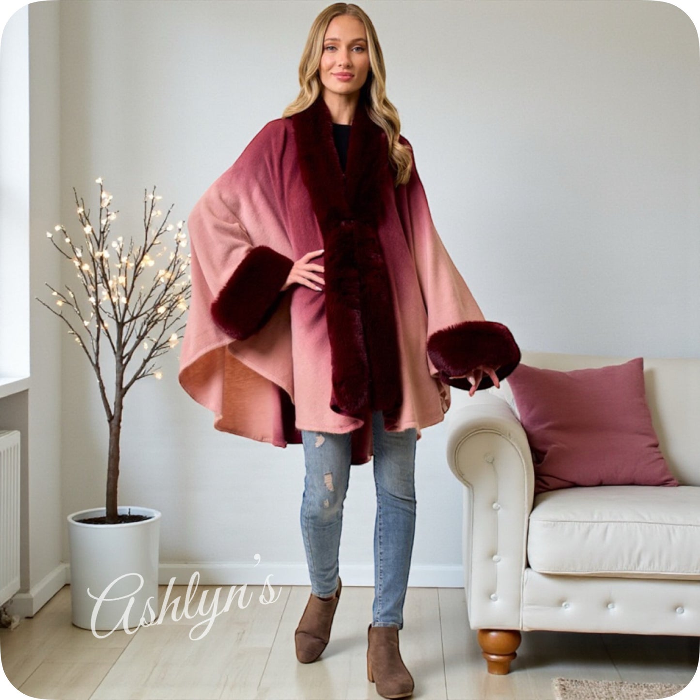 Classy Plush Faux Fur Trim Ombre Burgundy Wine Cape-Coat-Poncho-Wrap