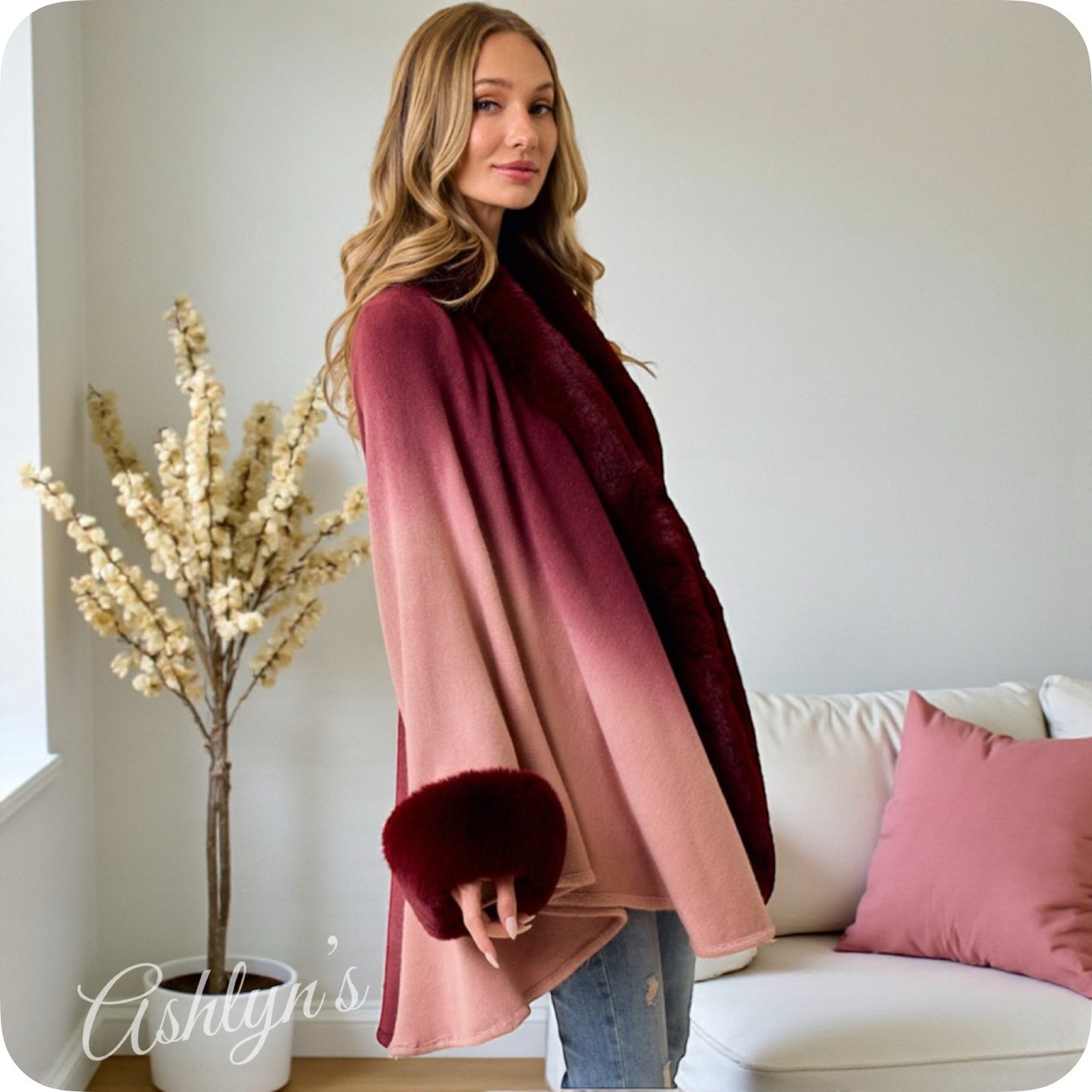 Classy Plush Faux Fur Trim Ombre Burgundy Wine Cape-Coat-Poncho-Wrap