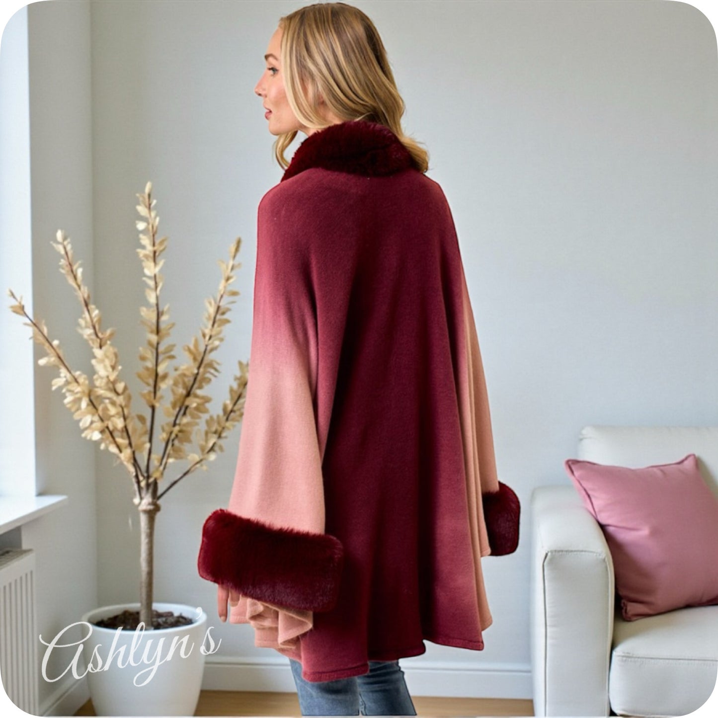 Classy Plush Faux Fur Trim Ombre Burgundy Wine Cape-Coat-Poncho-Wrap
