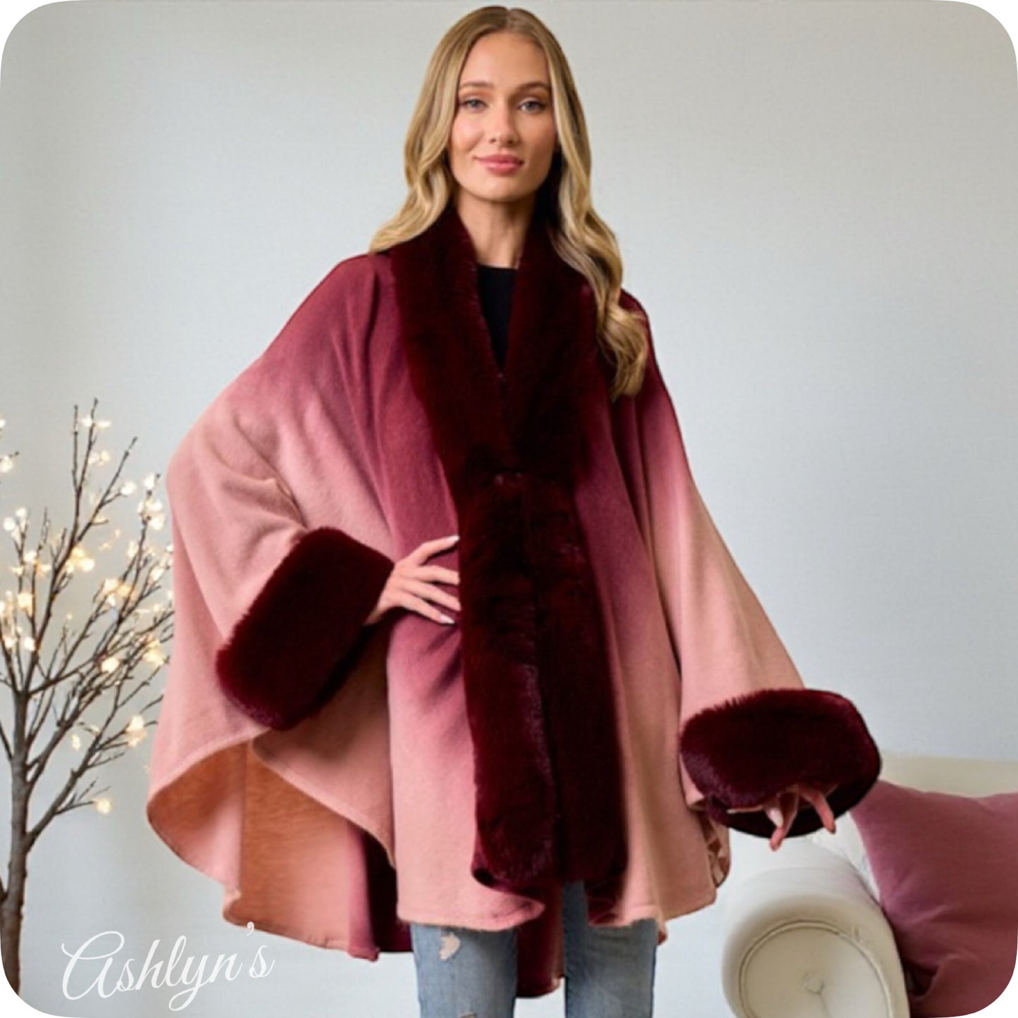 Classy Plush Faux Fur Trim Ombre Burgundy Wine Cape-Coat-Poncho-Wrap