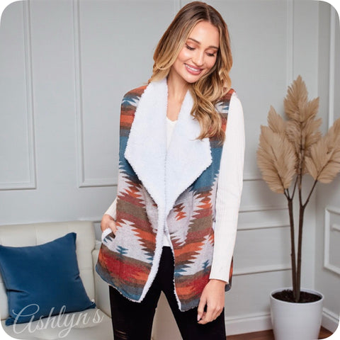 Hello Beautiful! Michelle W Sweater Vest Version Sherpa Lined Aztec Jacket-Coat-Tribal