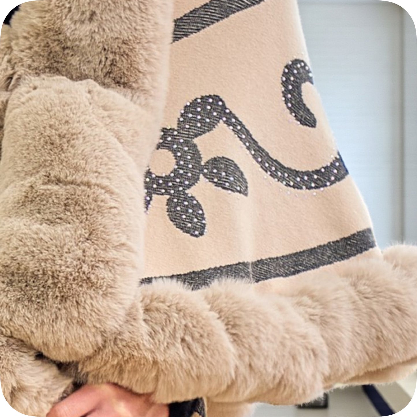 Classy Faux Fur Trim Layered Beige Coat-Sweater Poncho-Cape