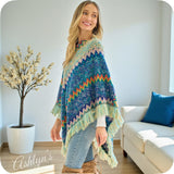 Stunning Flame Stitch Mint Turquoise Color Mix Knit Poncho-Zig Zag Sweater