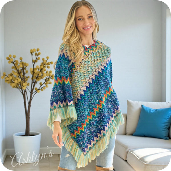 Stunning Flame Stitch Mint Turquoise Color Mix Knit Poncho-Zig Zag Sweater