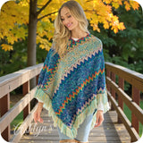 Stunning Flame Stitch Mint Turquoise Color Mix Knit Poncho-Zig Zag Sweater