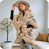 Classy Faux Fur Trim Layered Beige Coat-Sweater Poncho-Cape