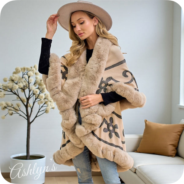 Classy Faux Fur Trim Layered Beige Coat-Sweater Poncho-Cape