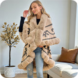 Classy Faux Fur Trim Layered Beige Coat-Sweater Poncho-Cape