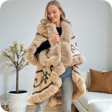 Classy Faux Fur Trim Layered Beige Coat-Sweater Poncho-Cape
