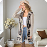 Boho Asymmetric Print Beige Hooded Cardigan-Aztec Sweater-Duster-Oatmeal