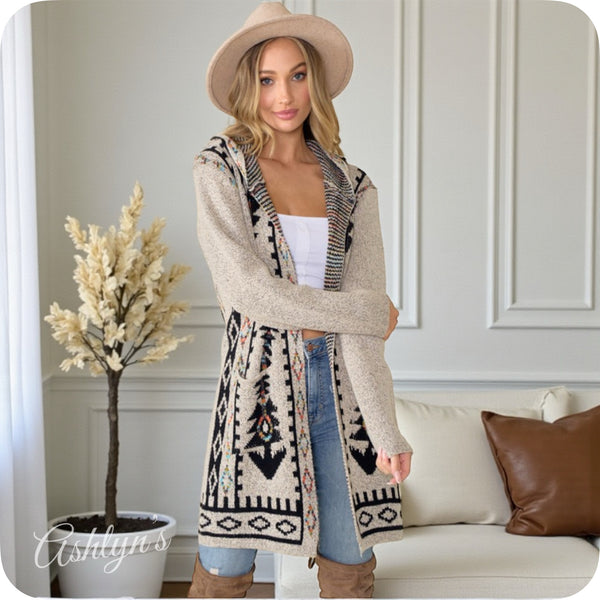 Boho Asymmetric Print Beige Hooded Cardigan-Aztec Sweater-Duster-Oatmeal