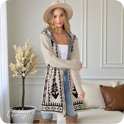 Boho Asymmetric Print Beige Hooded Cardigan-Aztec Sweater-Duster-Oatmeal