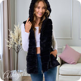 Plush Faux Fur Hooded Black Vest with Side Pockets-Jacket-Coat