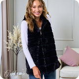 Plush Faux Fur Hooded Black Vest with Side Pockets-Jacket-Coat