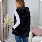 Plush Faux Fur Hooded Black Vest with Side Pockets-Jacket-Coat