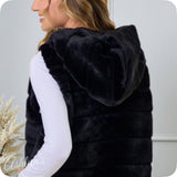 Plush Faux Fur Hooded Black Vest with Side Pockets-Jacket-Coat