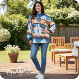 Aztec Blue Colorblock Mix Hacci Henley Hoodie-Hooded Sweater Top