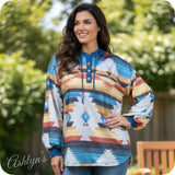 Aztec Blue Colorblock Mix Hacci Henley Hoodie-Hooded Sweater Top