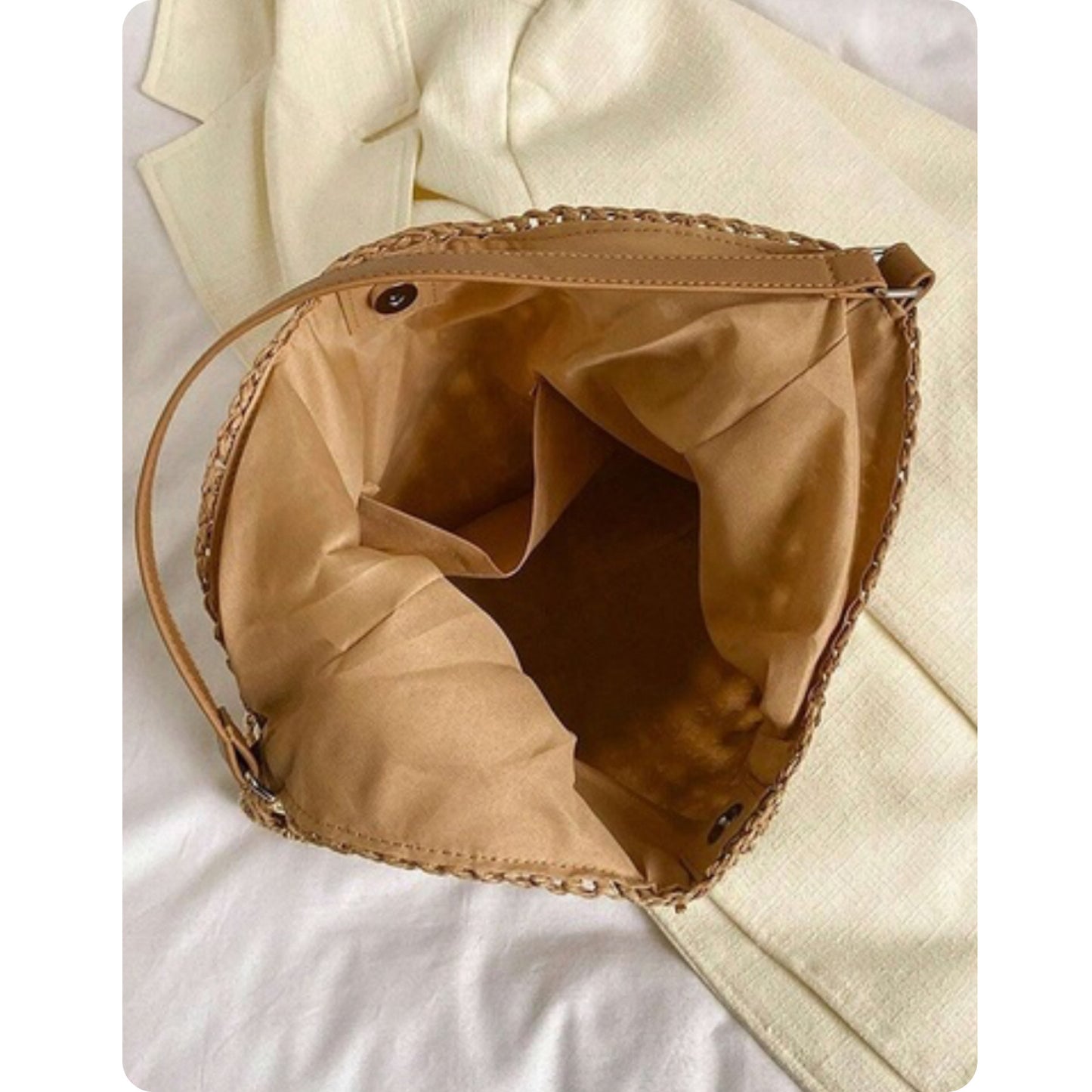 Tan Woven Straw Bucket Bag-Hobo Bag-Purse