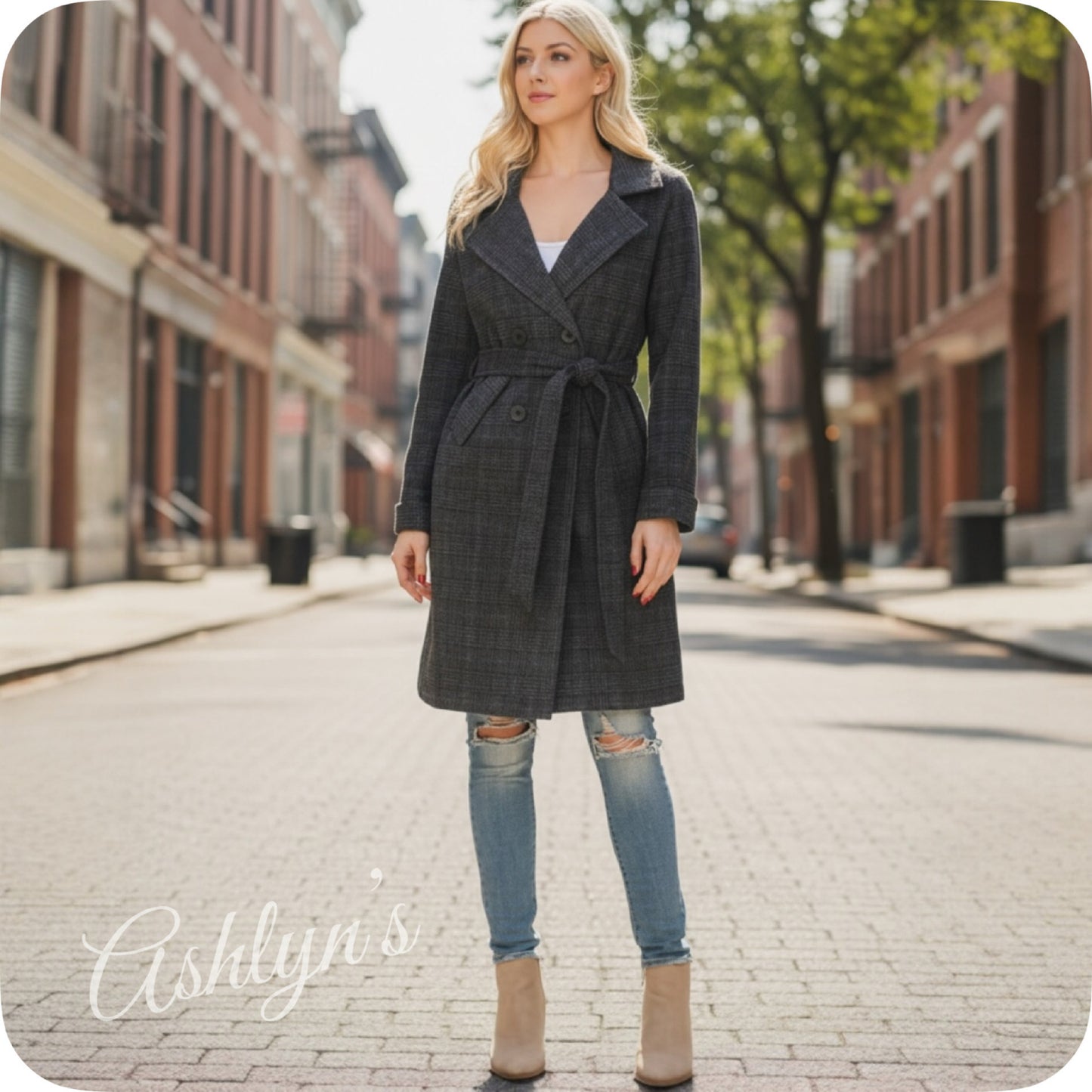 Black Plaid Waist Tie Jacket-Coat-Peacoat