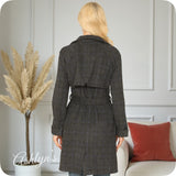Black Plaid Waist Tie Jacket-Coat-Peacoat