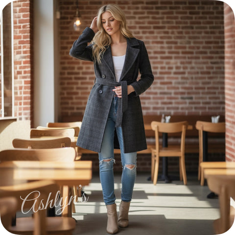 Black Plaid Waist Tie Jacket-Coat-Peacoat