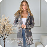 Boho Asymmetric Print Gray Hooded Cardigan-Aztec Sweater-Duster-Grey