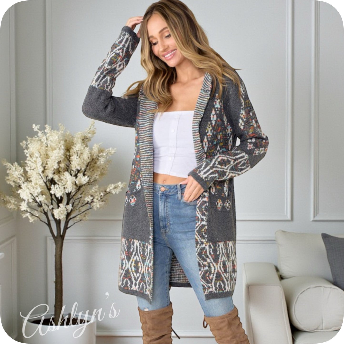 Boho Asymmetric Print Gray Hooded Cardigan-Aztec Sweater-Duster-Grey
