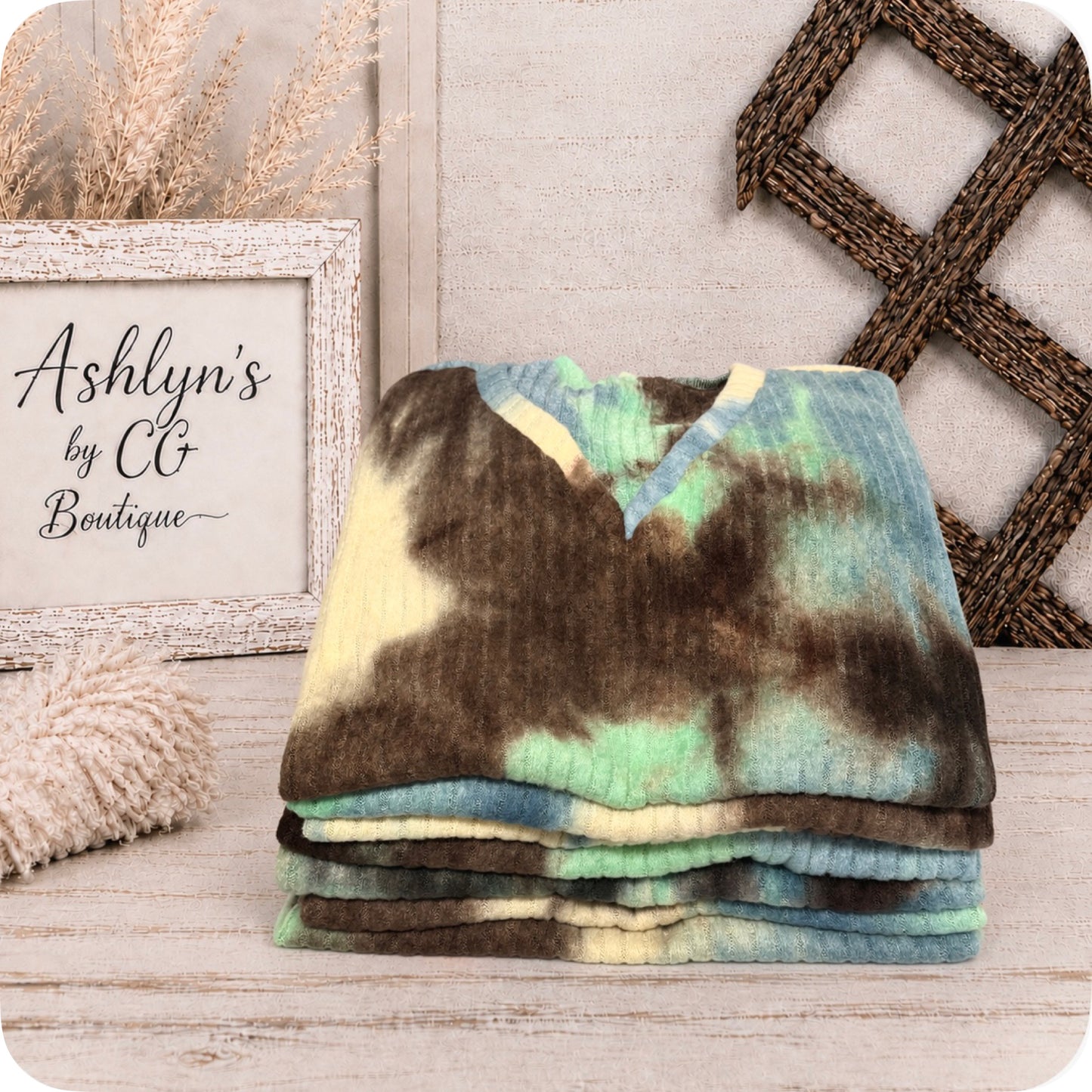 Cozy Ready Tie Dye Blue Mint Multi Color Brushed Rib Sweater Top
