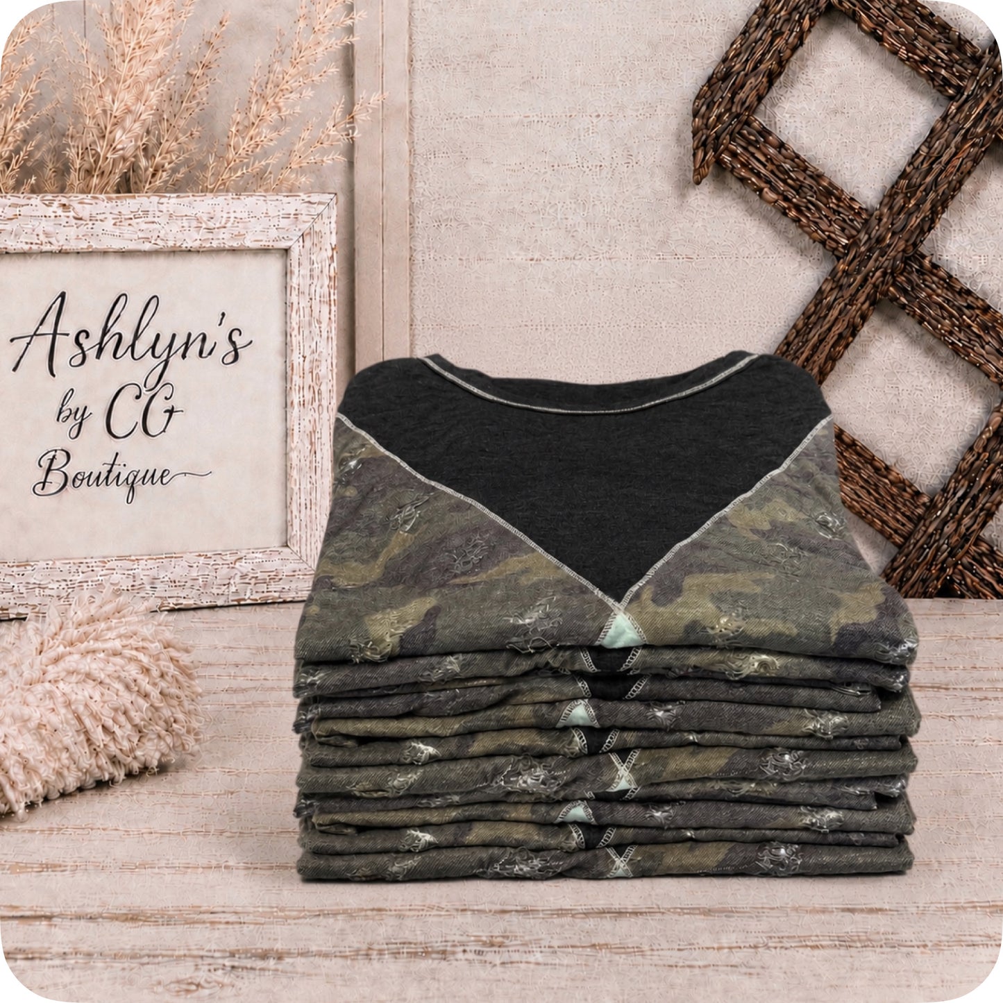 Fall Ready Charcoal Sage Distressed Camo Sweater Top