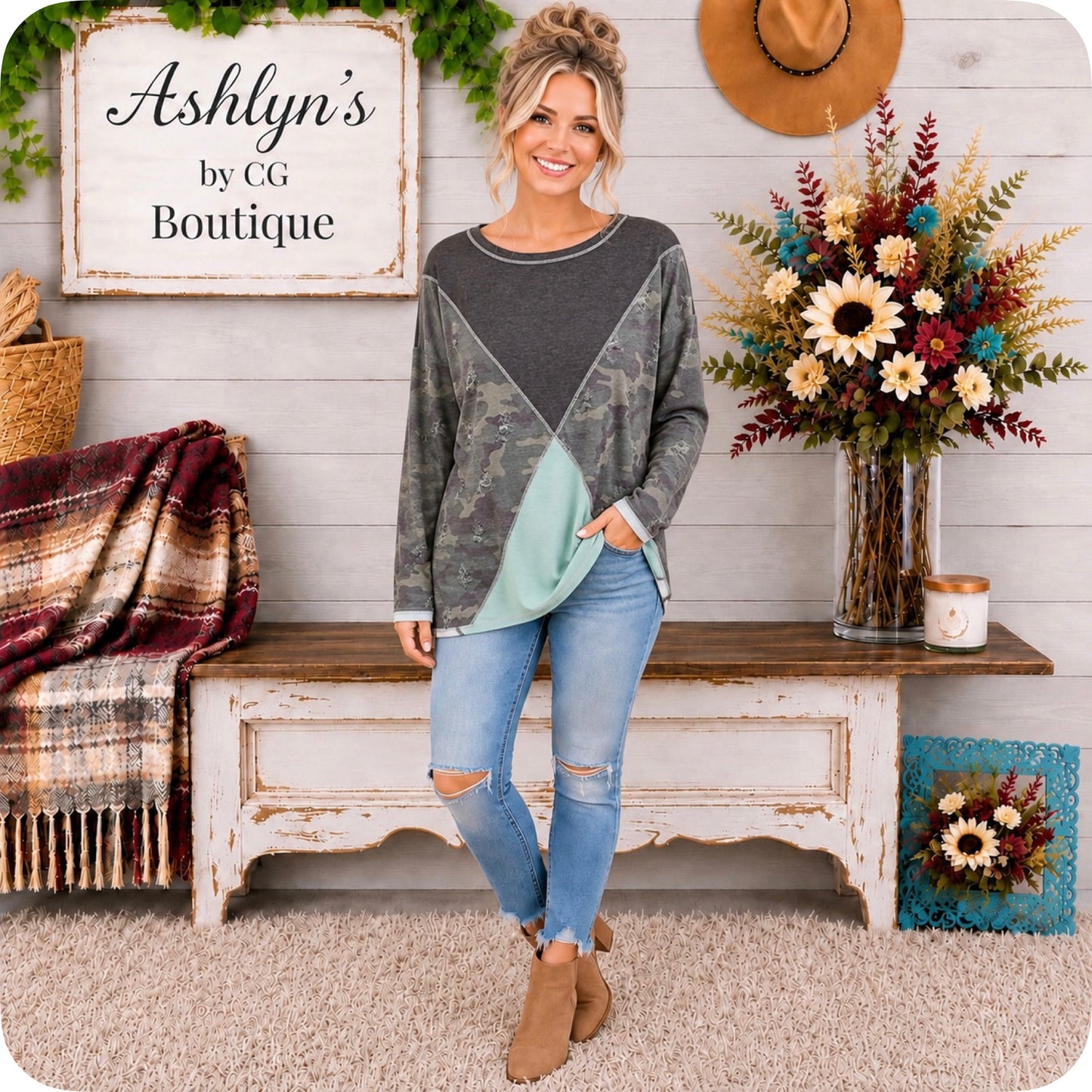 Fall Ready Charcoal Sage Distressed Camo Sweater Top