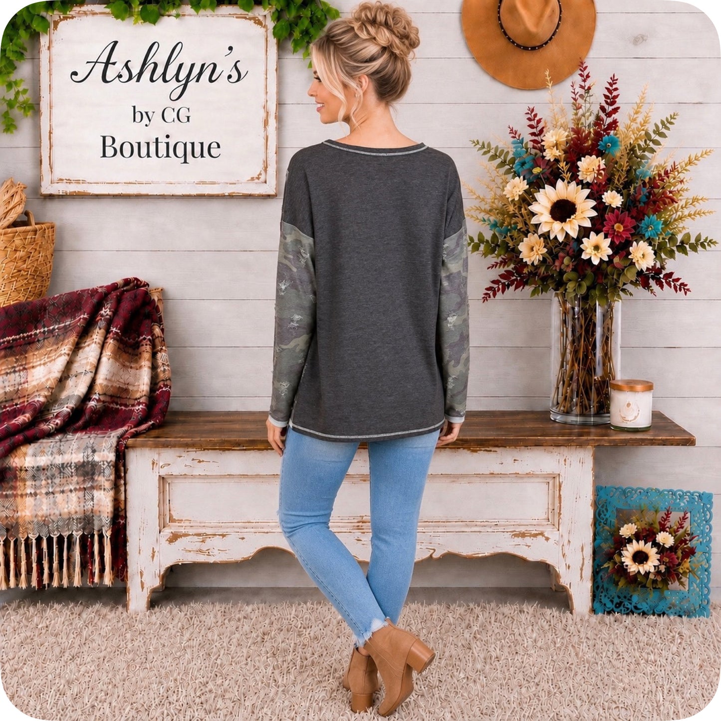 Fall Ready Charcoal Sage Distressed Camo Sweater Top
