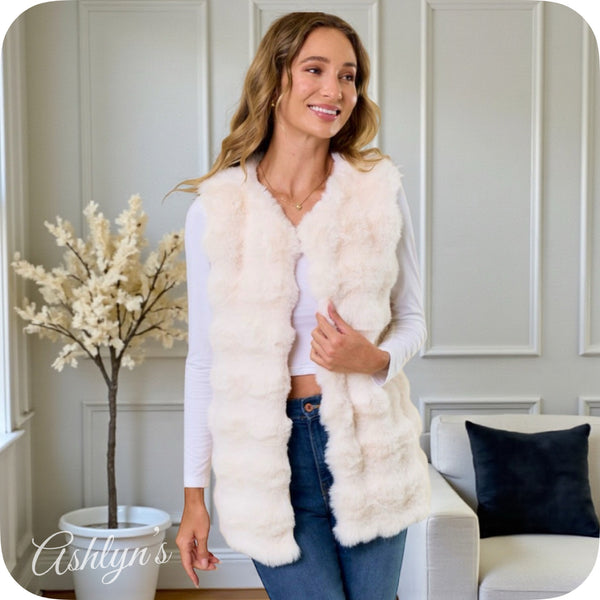 Cozy Quilted Plush Faux Fur Puffy Ivory Vest-Jacket