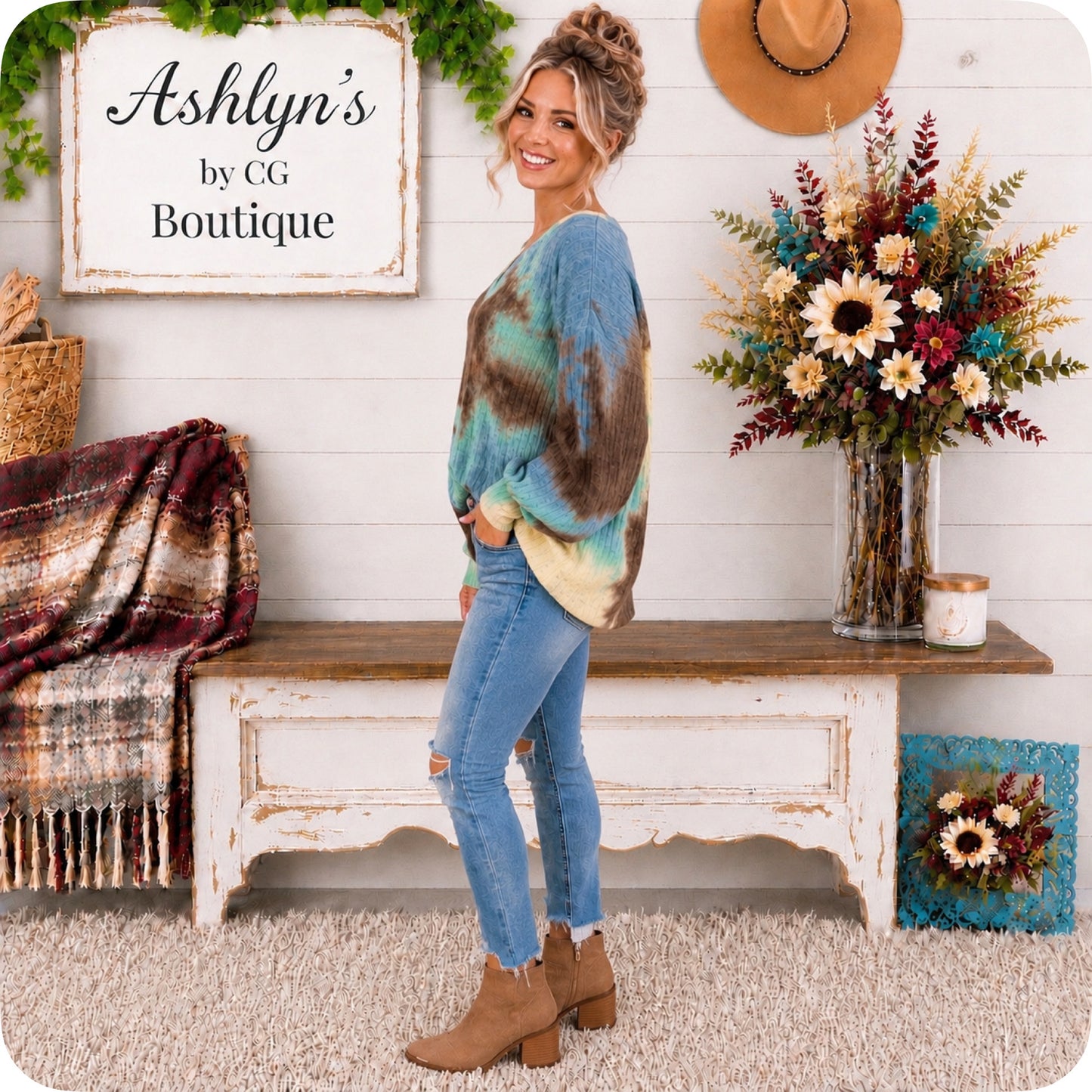 Cozy Ready Tie Dye Blue Mint Multi Color Brushed Rib Sweater Top