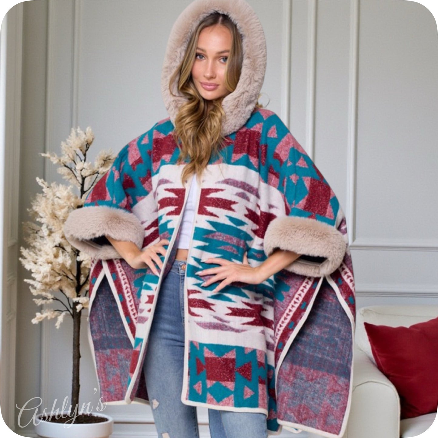 Classy Hooded Turquoise Burgundy Mix Aztec Print Taupe Faux Fur Trim Cape-Navajo Wrap-Poncho