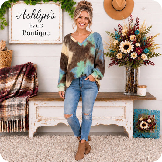 Cozy Ready Tie Dye Blue Mint Multi Color Brushed Rib Sweater Top