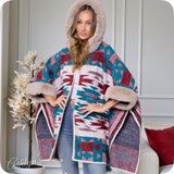Classy Hooded Turquoise Burgundy Mix Aztec Print Taupe Faux Fur Trim Cape-Navajo Wrap-Poncho