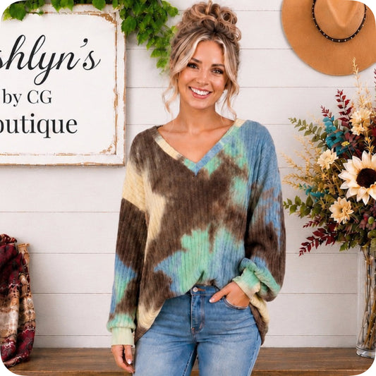 Cozy Ready Tie Dye Blue Mint Multi Color Brushed Rib Sweater Top