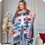 Classy Hooded Turquoise Burgundy Mix Aztec Print Taupe Faux Fur Trim Cape-Navajo Wrap-Poncho