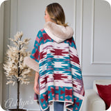 Classy Hooded Turquoise Burgundy Mix Aztec Print Taupe Faux Fur Trim Cape-Navajo Wrap-Poncho