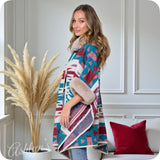 Classy Hooded Turquoise Burgundy Mix Aztec Print Taupe Faux Fur Trim Cape-Navajo Wrap-Poncho