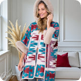 Classy Hooded Turquoise Burgundy Mix Aztec Print Taupe Faux Fur Trim Cape-Navajo Wrap-Poncho