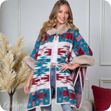 Classy Hooded Turquoise Burgundy Mix Aztec Print Taupe Faux Fur Trim Cape-Navajo Wrap-Poncho