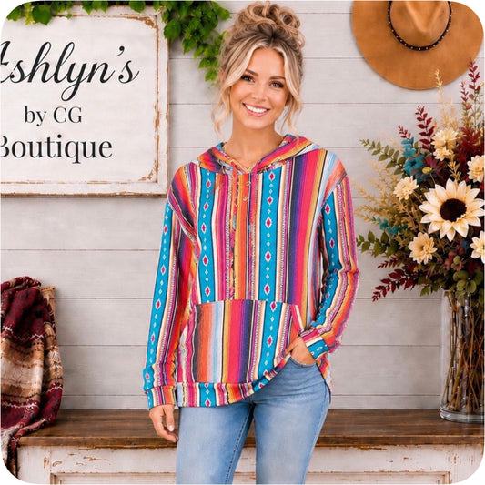 Fall Ready Serape Hooded Sweater Top