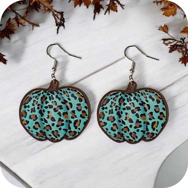 Adorable Teal and Leopard Print Pumpkin Earrings