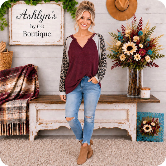 Cozy Time Leopard Color Block Burgundy Sweater Top