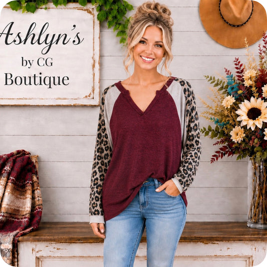 Cozy Time Leopard Color Block Burgundy Sweater Top